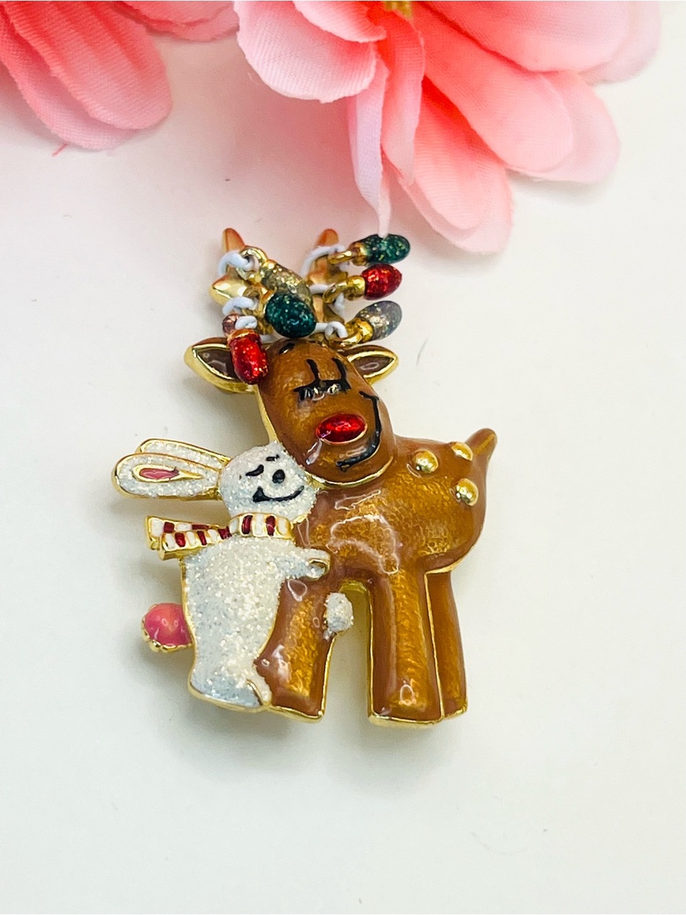 Christmas Reindeer & Bunny Enamel brooch- glittering
